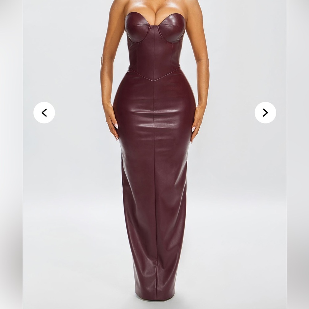 Fashion Nova Strapless Burgundy Faux Leather Gown
